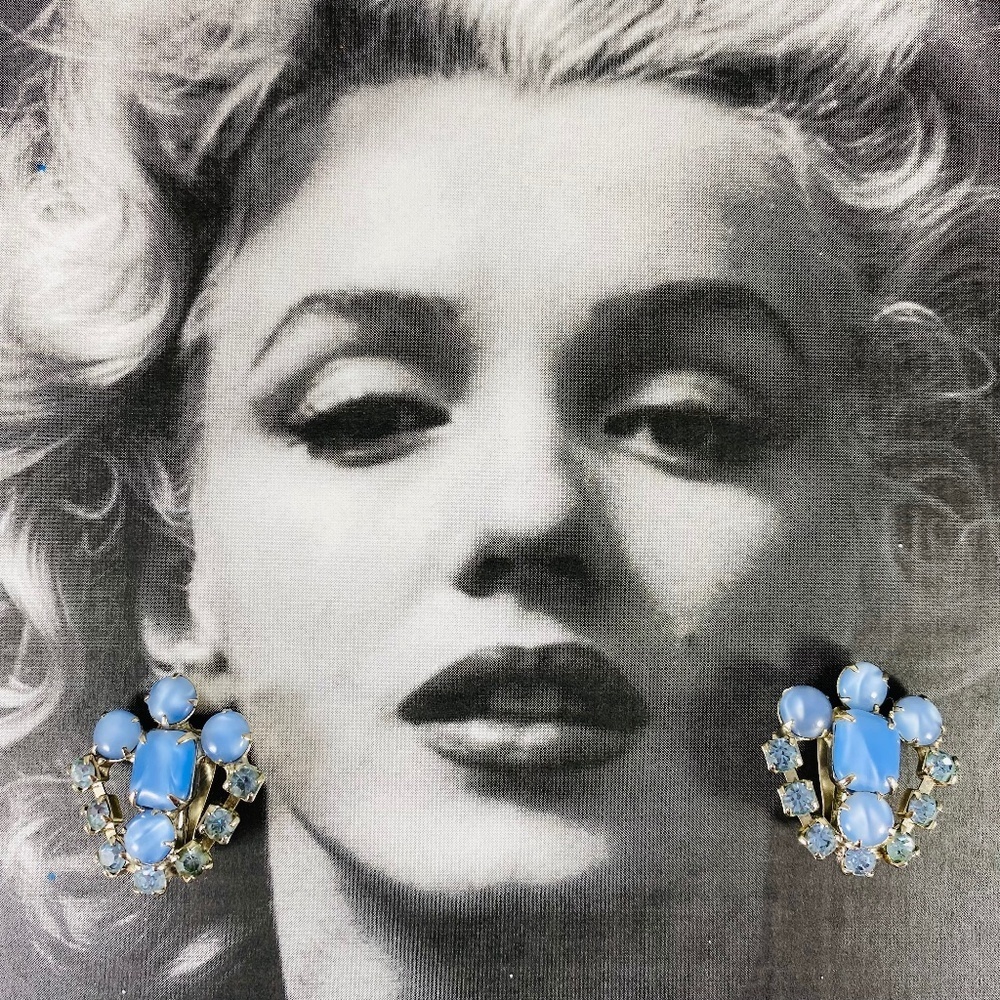 Baby Blue Moonglow and rhinestone 1950s 1960s clip earrings